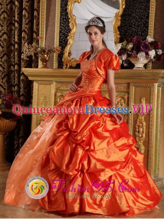 Marsing Idaho/ID Appliques and Beading Decorate Bodice Luxurious Orange Quinceanera Dress Pick-ups Sweetheart Taffeta Ball Gown