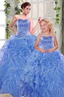 Blue Organza Lace Up Quince Ball Gowns Sleeveless Floor Length Beading and Ruffles