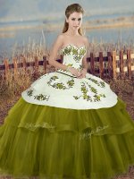 Olive Green Sleeveless Floor Length Embroidery and Bowknot Lace Up 15th Birthday Dress