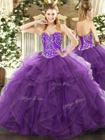 Super Eggplant Purple Sleeveless Tulle Lace Up Sweet 16 Dresses for Military Ball and Sweet 16 and Quinceanera