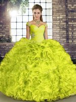 Yellow Green Ball Gowns Off The Shoulder Sleeveless Organza Floor Length Lace Up Beading and Ruffles Sweet 16 Dress