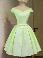 Enchanting Belt Vestidos de Damas Yellow Green Lace Up Cap Sleeves Knee Length