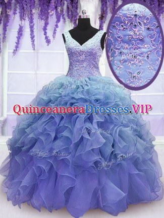 Ball Gowns 15 Quinceanera Dress Purple V-neck Organza Sleeveless Floor Length Lace Up