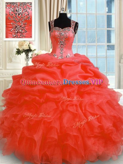 Red Zipper Straps Beading and Ruffles Sweet 16 Dresses Organza Sleeveless - Click Image to Close