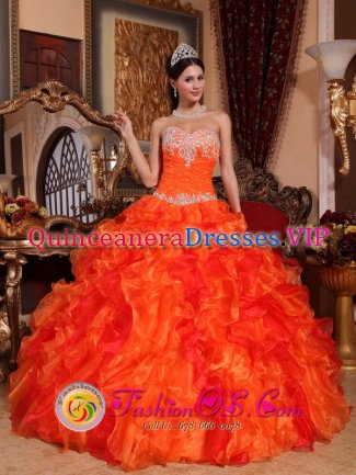 Scotland South Dakota/SD Orange Quinceanera Dress With Sweetheart Neckline Beaded and Embroidery Decorate Multi-color Ruffles