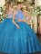 Sleeveless Floor Length Beading Criss Cross 15 Quinceanera Dress with Teal