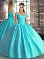 Sleeveless Floor Length Beading Lace Up Quinceanera Dresses with Aqua Blue