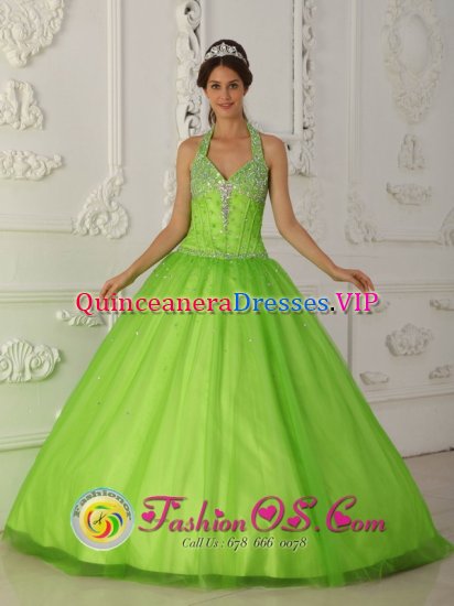 A-line Popular Spring Green Halter-top Quinceanera Gowns With Tulle Beaded Decorate in Orange CA - Click Image to Close