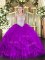 Floor Length Eggplant Purple Ball Gown Prom Dress Tulle Sleeveless Beading and Ruffles