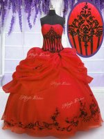 Latest Organza Strapless Sleeveless Lace Up Embroidery and Pick Ups Quinceanera Gown in Red