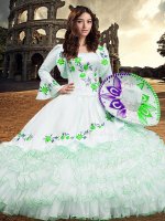 Organza Square Long Sleeves Lace Up Embroidery and Ruffled Layers Quinceanera Dresses in White(SKU XBQD003A-4BIZ)