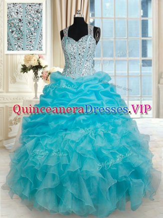 Inexpensive Straps Aqua Blue Sleeveless Floor Length Beading and Ruffles and Pick Ups Zipper Ball Gown Prom Dress