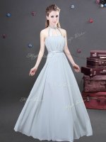 Halter Top Grey Sleeveless Ruching Floor Length Quinceanera Dama Dress