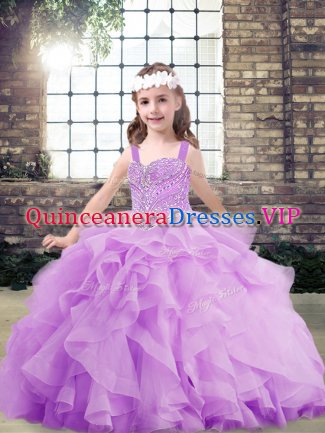 Exquisite Lavender Ball Gowns Tulle Straps Sleeveless Beading and Ruffles Floor Length Lace Up Pageant Gowns For Girls