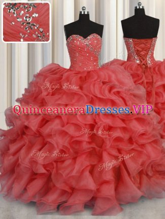 Coral Red Lace Up Sweetheart Beading and Ruffles Quince Ball Gowns Organza Sleeveless