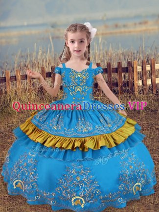 On Sale Sleeveless Floor Length Beading and Embroidery Lace Up Custom Made Pageant Dress with Baby Blue