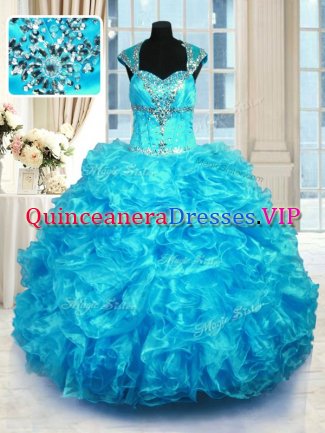 Fashion Cap Sleeves Floor Length Beading and Ruffles Lace Up Quinceanera Dress with Aqua Blue