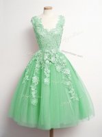 Spectacular V-neck Sleeveless Dama Dress for Quinceanera Knee Length Appliques Green Tulle