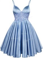 Spaghetti Straps Sleeveless Court Dresses for Sweet 16 Knee Length Lace Light Blue Elastic Woven Satin(SKU SWBD128-7BIZ)