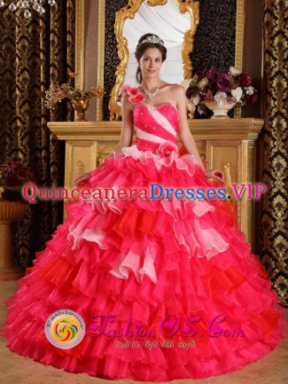 Okehampton Devon Colorful Hand Made Flowers Decorate One Shoulder and Ruffles Layered For Ball Gown Quinceanera Dress