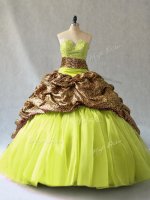 On Sale Beading Ball Gown Prom Dress Yellow Green Lace Up Sleeveless Brush Train