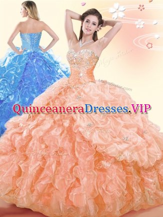 Fancy Organza Sweetheart Sleeveless Lace Up Beading and Ruffles and Pick Ups Sweet 16 Quinceanera Dress in Orange