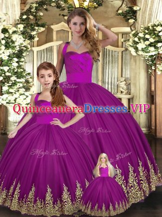 Exceptional Fuchsia Tulle Lace Up 15th Birthday Dress Sleeveless Floor Length Embroidery