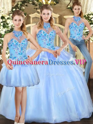 Charming Embroidery Sweet 16 Dress Blue Lace Up Sleeveless Floor Length