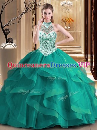 Halter Top Sleeveless With Train Beading and Ruffles Lace Up 15 Quinceanera Dress with Dark Green Brush Train