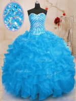 Ideal Sleeveless Organza Floor Length Lace Up Quince Ball Gowns in Baby Blue with Beading and Ruffles and Sequins(SKU PSSW0201-3BIZ)