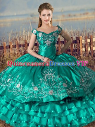 Turquoise Sleeveless Satin Lace Up Ball Gown Prom Dress for Sweet 16 and Quinceanera