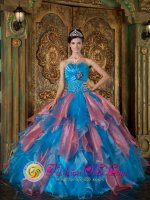 Coral Gables Florida/FL Remarkable Sky Blue and Watermelon Red Lace Up Beading and Ruffles Decorate Bodice For Quinceanera Dress Strapless Organza Ball Gown