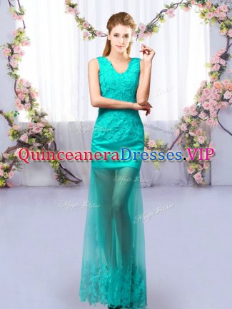 Captivating Sleeveless Tulle Floor Length Lace Up Court Dresses for Sweet 16 in Turquoise with Lace