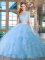 Suitable Scoop Cap Sleeves Organza With Brush Train Zipper 15th Birthday Dress in Light Blue with Beading and Appliques and Ruffles