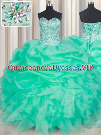 Sumptuous Organza Sweetheart Sleeveless Lace Up Beading and Ruffles and Pick Ups 15th Birthday Dress in Turquoise