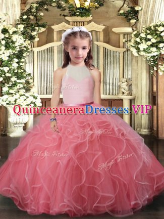 Watermelon Red Pageant Dress Womens Party and Sweet 16 and Wedding Party with Ruffles High-neck Sleeveless Backless