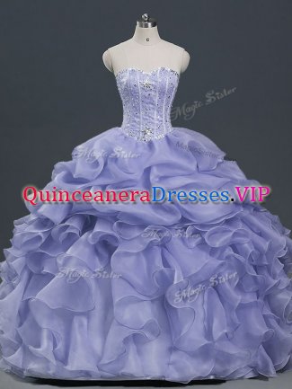 High Quality Lavender Sleeveless Floor Length Beading and Ruffles and Pick Ups Lace Up Quinceanera Dress