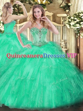 Popular Apple Green Tulle Lace Up Quinceanera Gowns Sleeveless Floor Length Beading and Ruffles