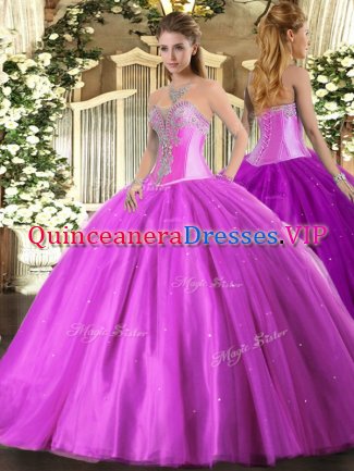 Floor Length Lace Up 15th Birthday Dress Lilac for Military Ball and Sweet 16 and Quinceanera with Beading