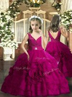 V-neck Sleeveless Backless Beading Kids Pageant Dress in Fuchsia