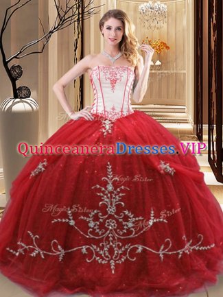 New Arrival Red Sweet 16 Dress Military Ball and Sweet 16 and Quinceanera with Embroidery Strapless Sleeveless Lace Up