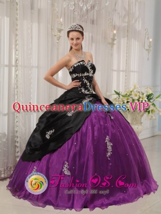 Modest white Appliques Decorate Black and Purple Quinceanera Dress in Carmel CA