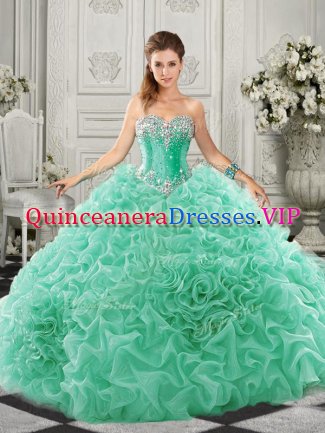 Superior Sweetheart Sleeveless Organza 15 Quinceanera Dress Beading and Ruffles Court Train Lace Up