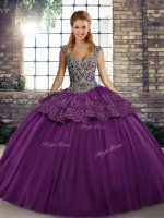 Clearance Purple Lace Up Straps Beading and Appliques Vestidos de Quinceanera Tulle Sleeveless