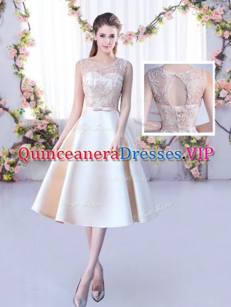 Wonderful Tea Length Lace Up Dama Dress for Quinceanera Champagne for Wedding Party with Lace and Belt