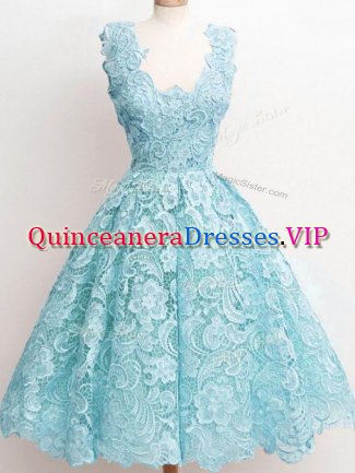 Chic Aqua Blue A-line Straps Sleeveless Lace Knee Length Zipper Lace Dama Dress