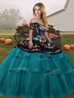 Customized Tulle Off The Shoulder Sleeveless Brush Train Lace Up Embroidery and Ruffled Layers 15 Quinceanera Dress in Teal