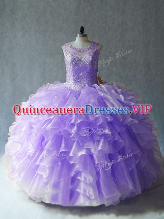 Gorgeous Lavender Sleeveless Floor Length Beading and Ruffles Lace Up Quince Ball Gowns