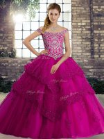 Off The Shoulder Sleeveless Sweet 16 Dresses Brush Train Beading and Lace Fuchsia Tulle(SKU SJQDDT2107002-3BIZ)