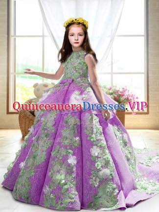 Modern Ball Gowns Sleeveless Lilac Little Girls Pageant Dress Wholesale Court Train Backless